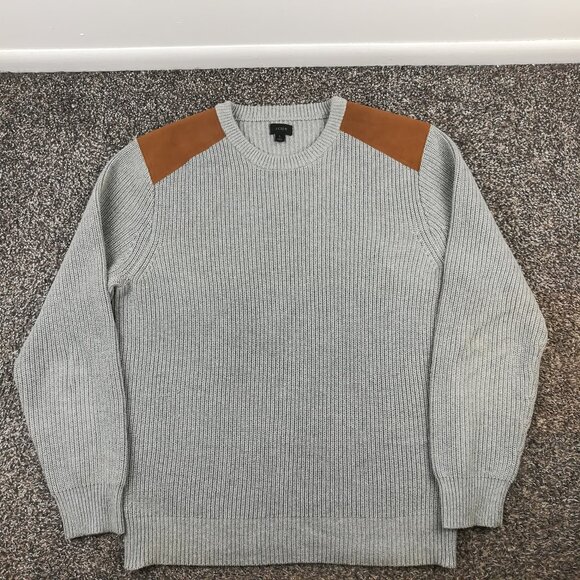 J Crew Sweater Ribbed Cotton Military Leather Shoulder Patches Gray Mens Large - Picture 1 of 11